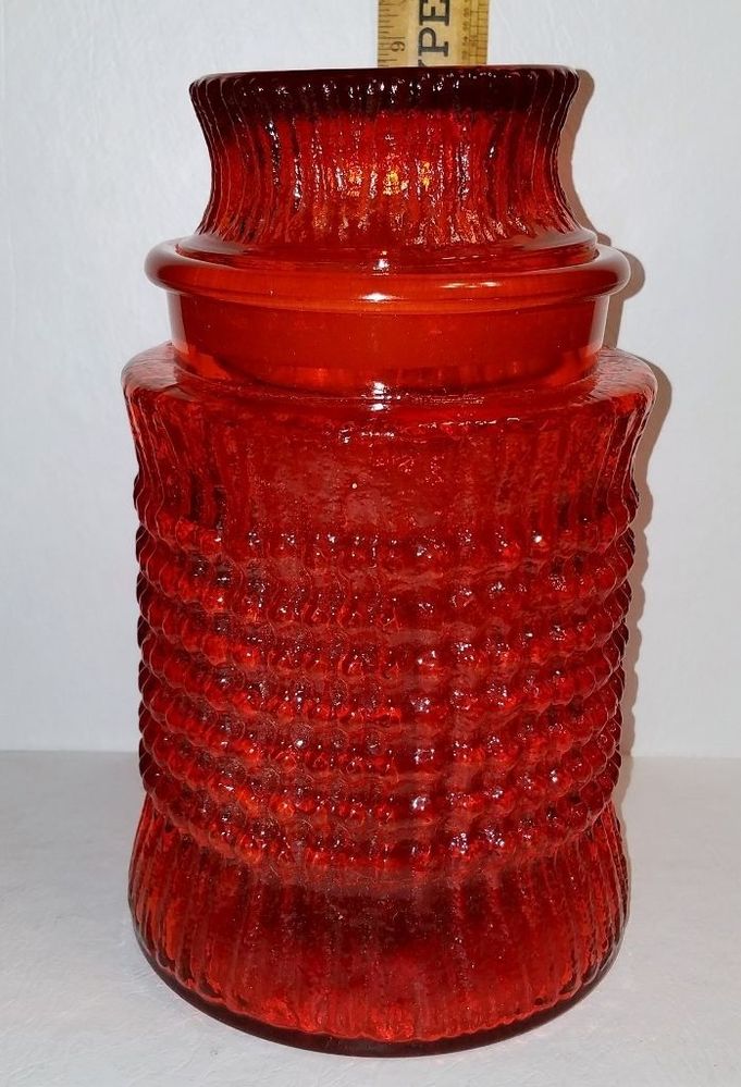 ANTIQUE 8.5 ORANGE  ruby PERSIMMON GLASS STORAGE CANISTER JAR W GROUND LID red also made in blue.jpg