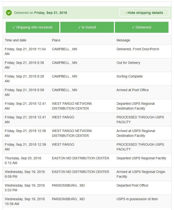 Expanded order details page showing USPS Tracking which CONFIRMS a Carrier Scan was done