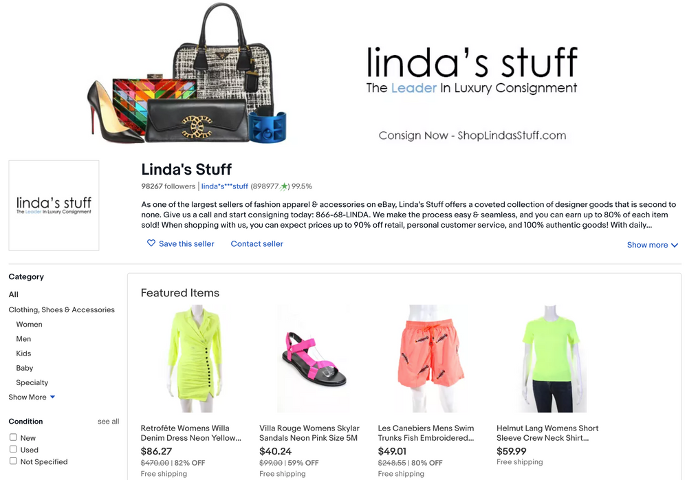 The Linda's Stuff store displays their breadth of inventory and huge feedback score.