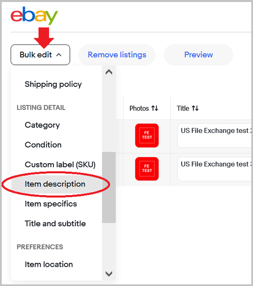 Seller Hub - 2022 select Bulk edit Description