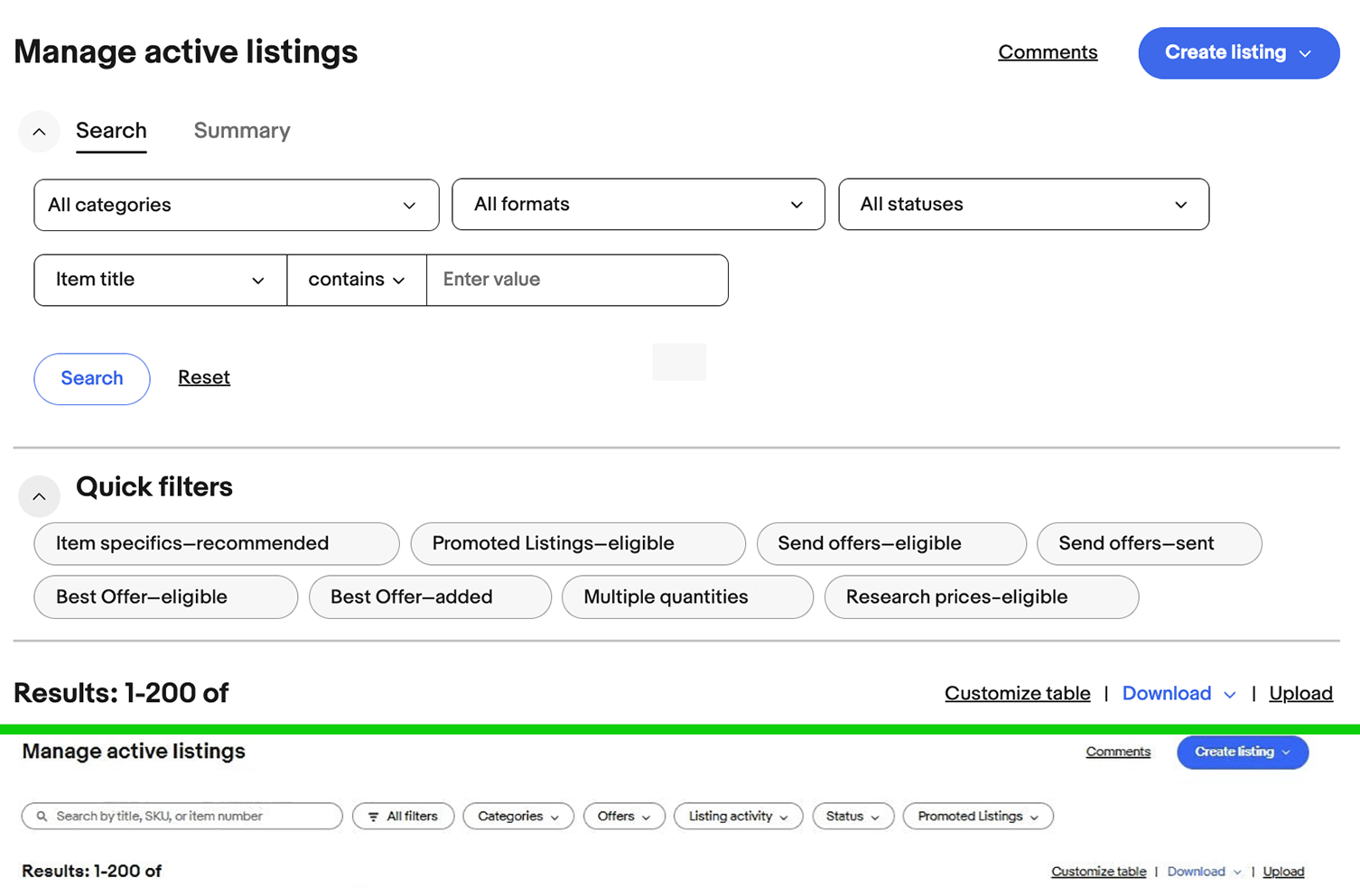 eBay Seller Hub Active Listings Page UI Update Consolidates Search & Filters